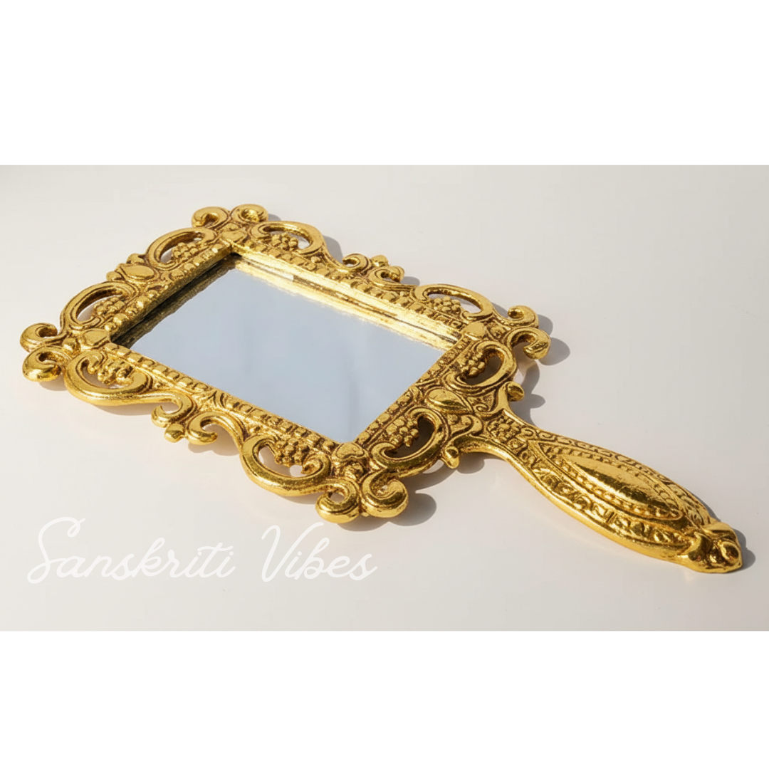 Beautifully Carved Square Shape Gold Plating Metal Hand Mirror for Makeup, Travelling, Salon Mirror - Retail Maharaj