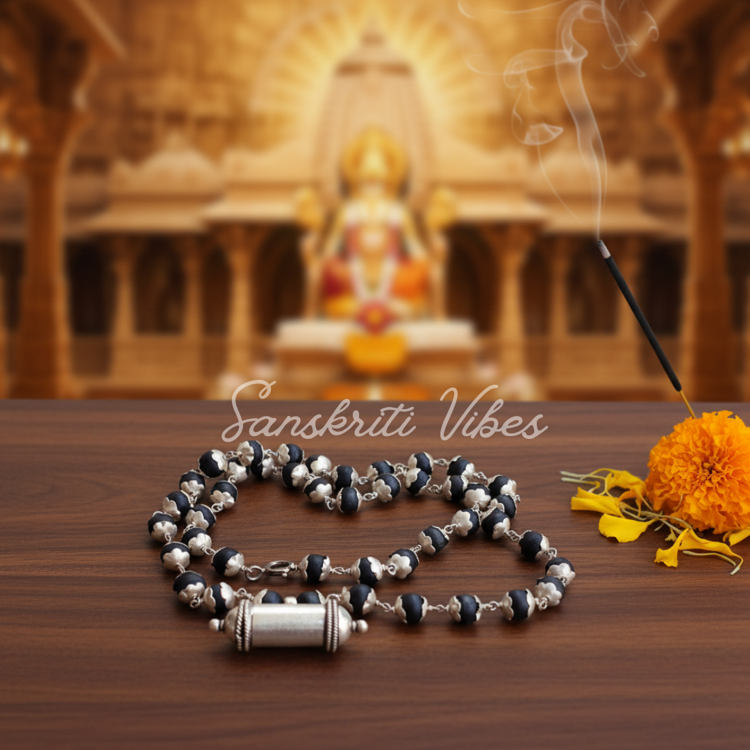 Buy Silver Narasimha Kavach Tulsi Mala Online – 8 mm Black Tulsi Beads with 92.5% Pure Silver - Retail Maharaj