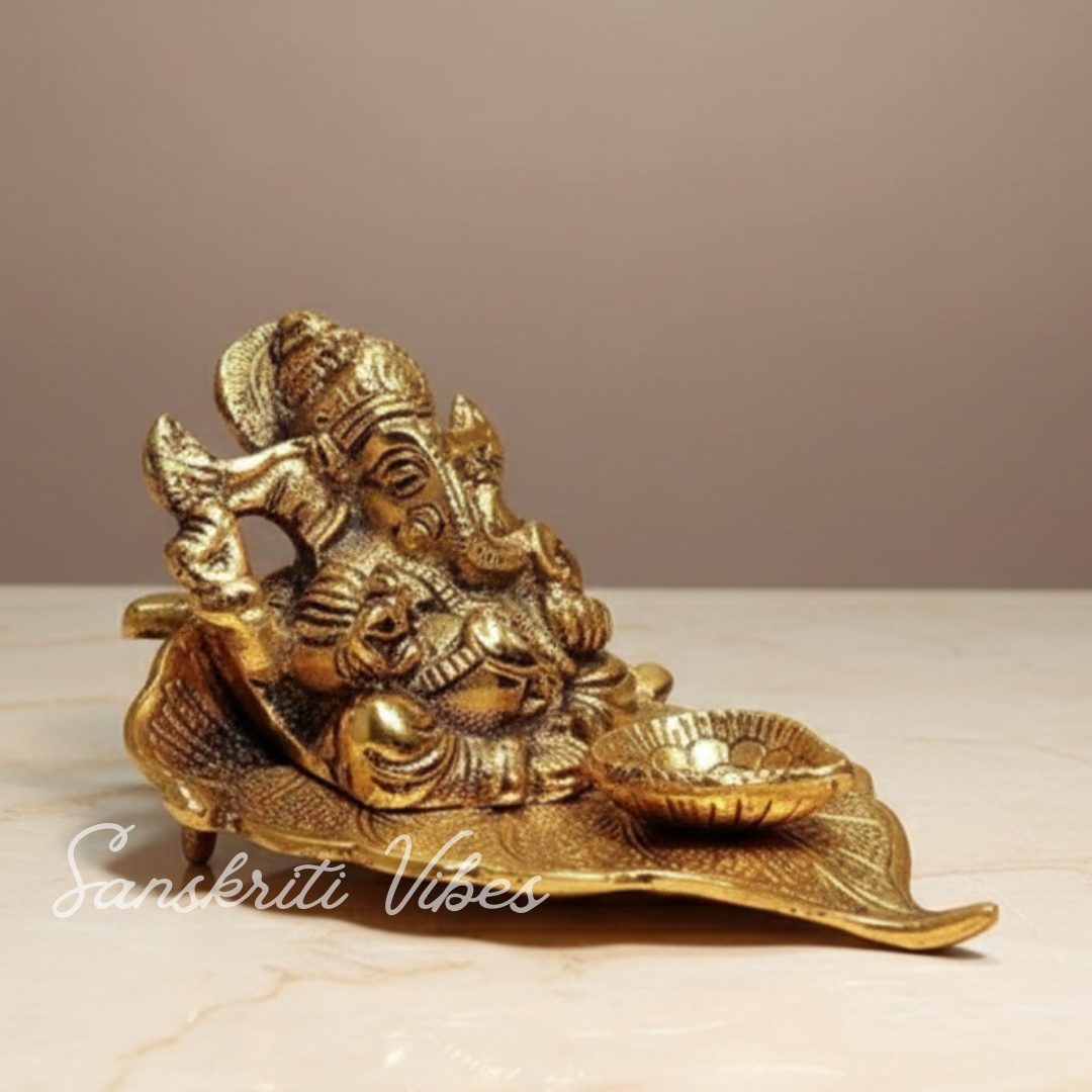 Metal Ganesha Statue with Diya – Handcrafted Aluminium Ganpati Idol for Home Decor, Puja & Auspicious Gifting (Glossy Finish, Made in India)