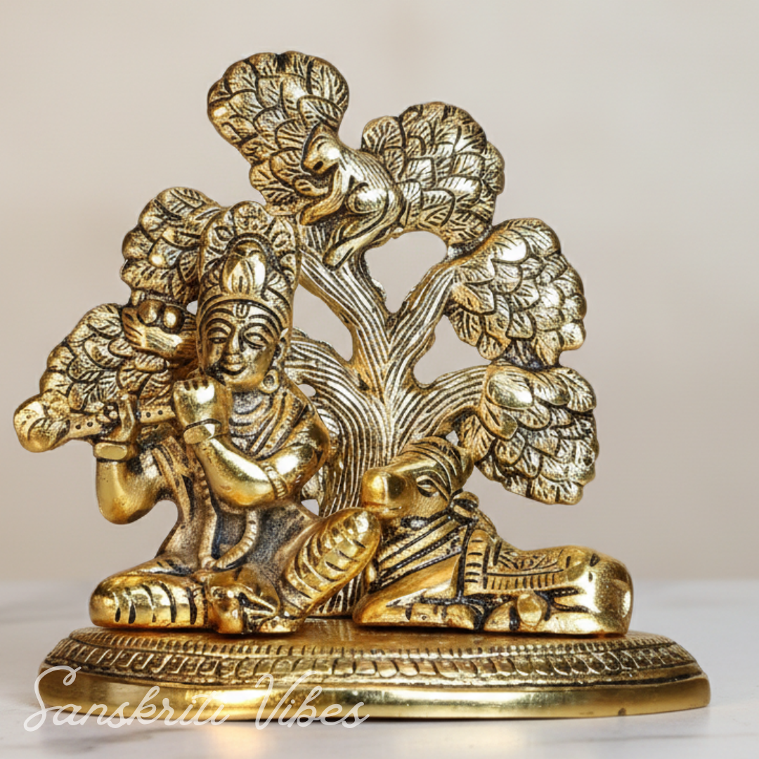 Metal Lord Krishna Playing Flute Sitting Under Tree with Cow Decorative Showpiece 13 cm - Retail Maharaj