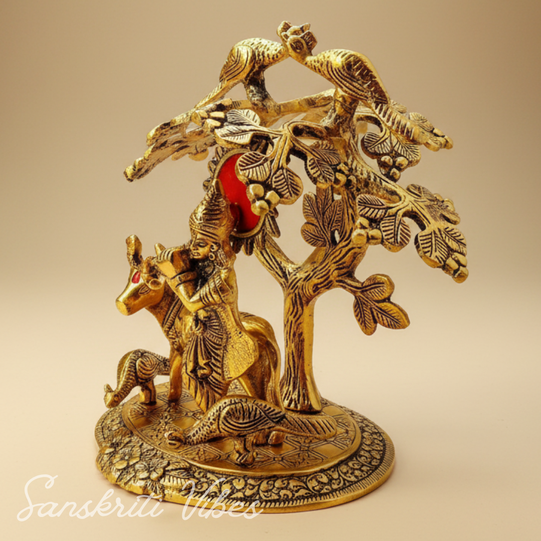 Tree Cow Krishna Idol Gold Oxidized Finish for Home Decor and Exclusive Diwali Gift Aluminium Showpiece - Retail Maharaj