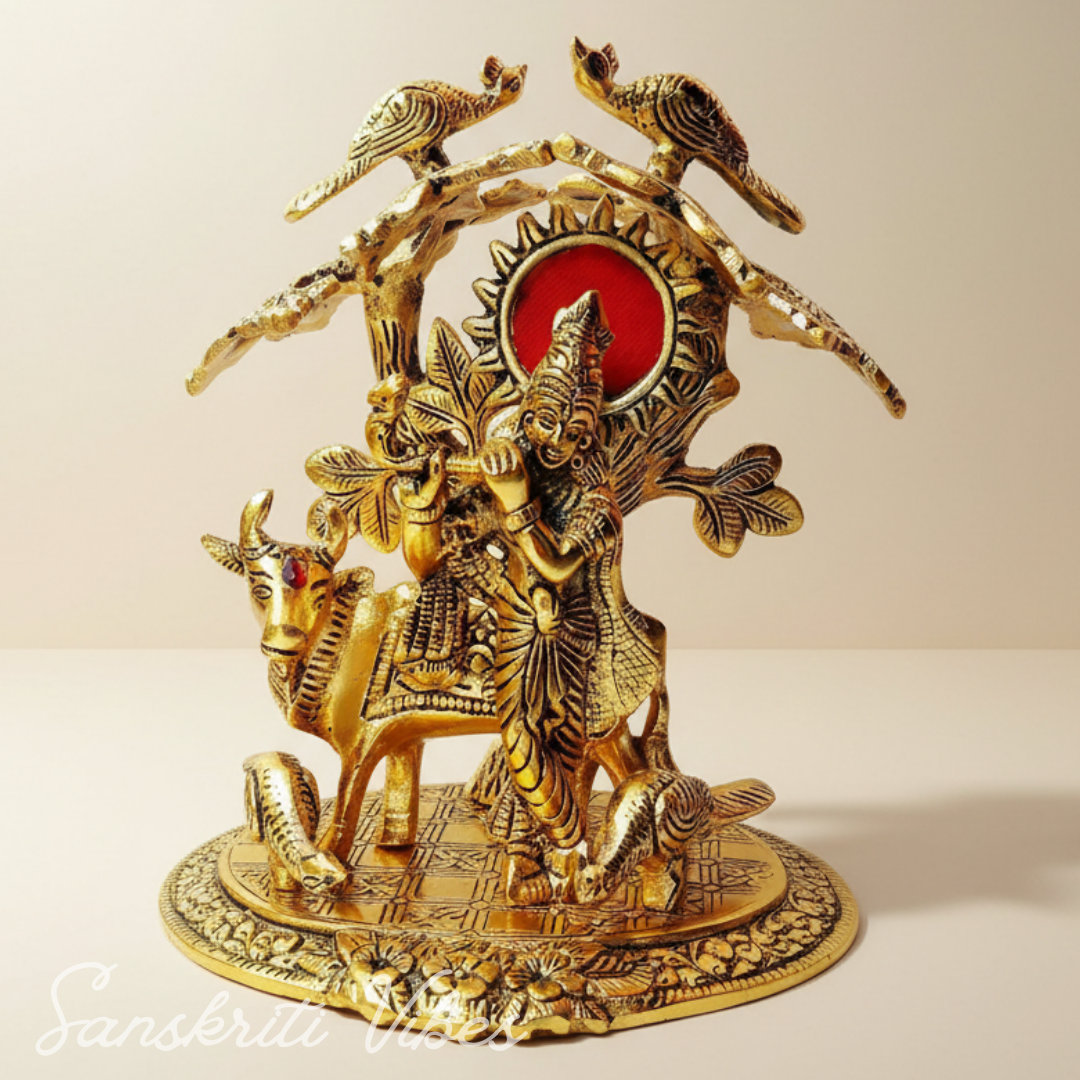 Tree Cow Krishna Idol Gold Oxidized Finish for Home Decor and Exclusive Diwali Gift Aluminium Showpiece - Retail Maharaj