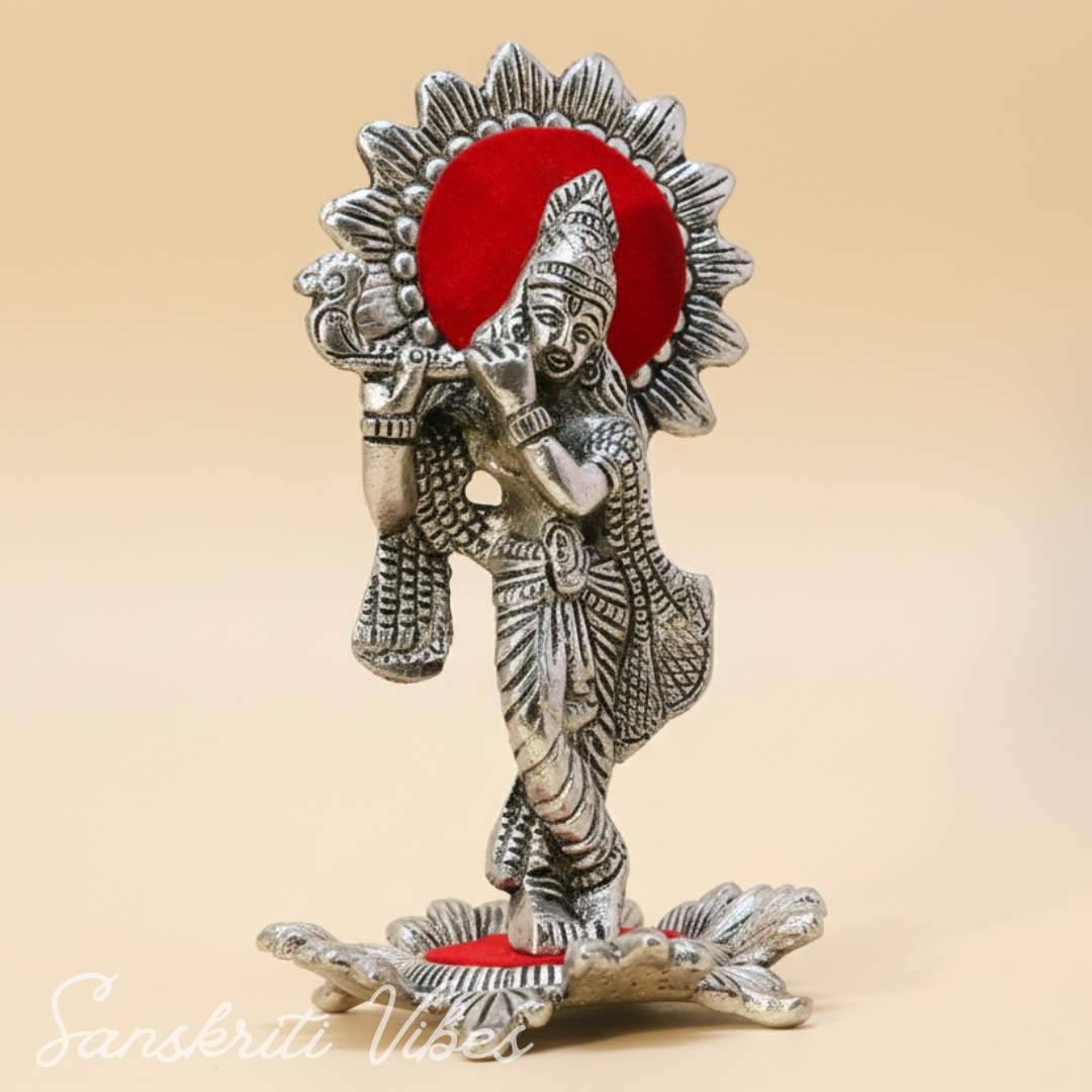 Silver Plated Laddu Krishna Playing Flute Metal Statue for Home and Office Decor Religious Showpiece Gift - Retail Maharaj