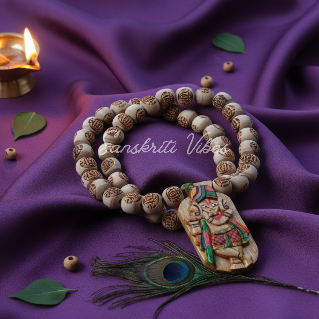 Rangeela Krishna Locket with Knotted Tulsi Radha Carved Beads Mala | Sacred Tulsi Rosary for Devotion, Meditation & Spiritual Blessings - Retail Maharaj