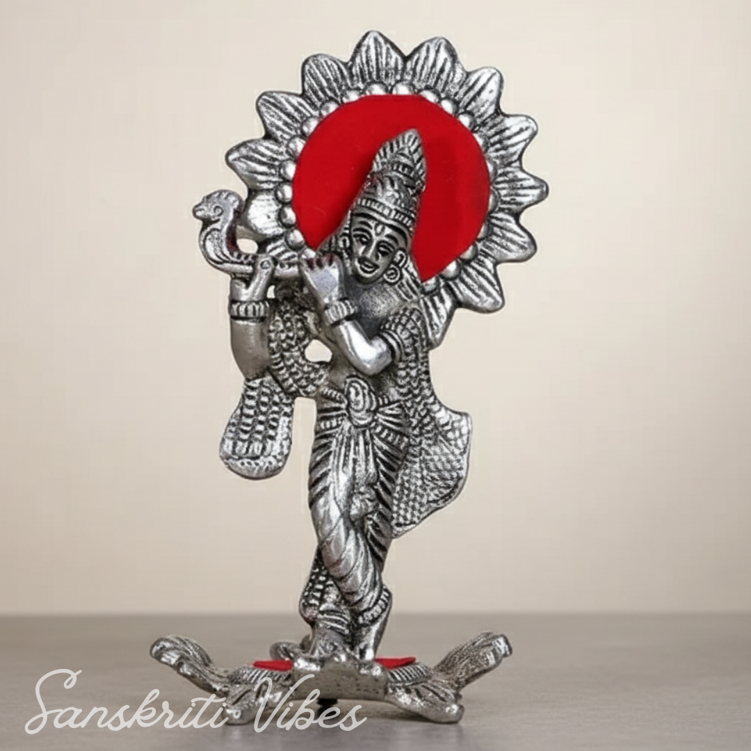 Silver Plated Laddu Krishna Playing Flute Metal Statue for Home and Office Decor Religious Showpiece Gift - Retail Maharaj