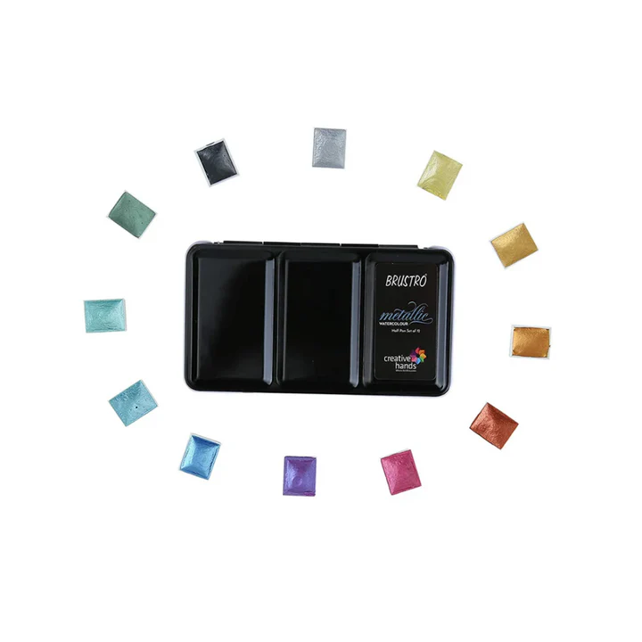Brustro Metallic Watercolour Set of 12 Half Pans - Retail Maharaj