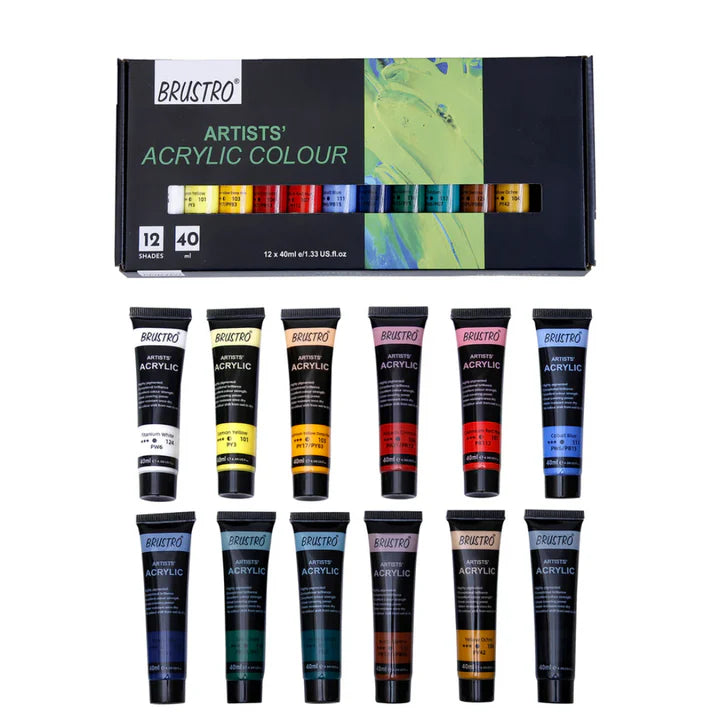 BRUSTRO Artists Acrylic Colour Paint Set of 12 Tubes 40ml Each - Retail Maharaj