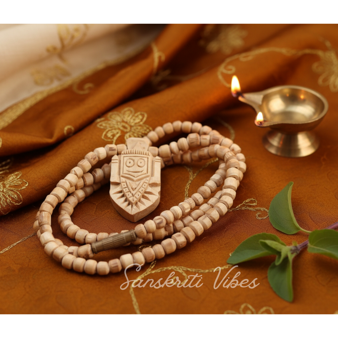 Shri Jagannath Ji Tulsi Mala with Handmade Pendant | Sacred Tulsi Beads Rosary for Devotion, Meditation & Spiritual Blessings - Retail Maharaj