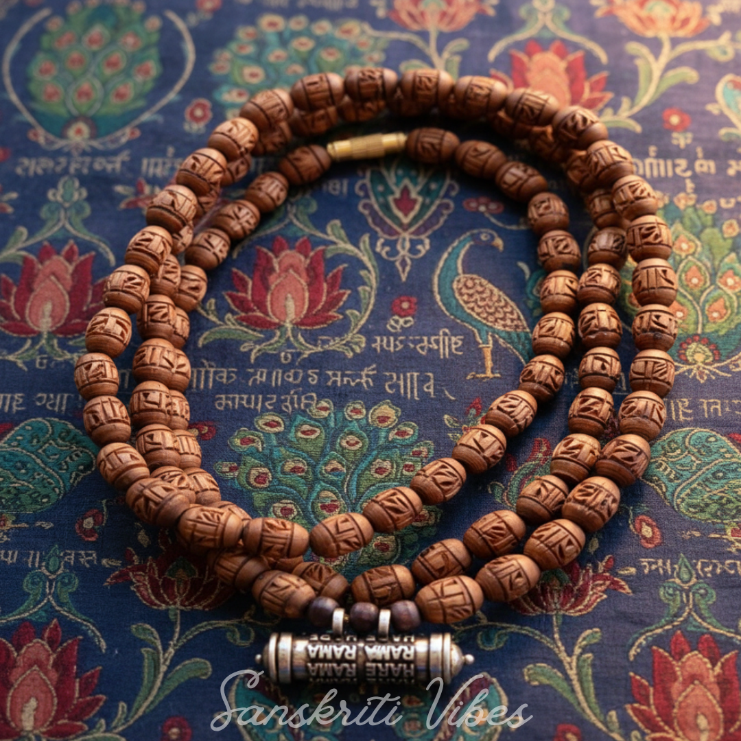 Silver Hare Krishna Maha Mantra Narshima Kavach with Radha Carved Kanthi Mala – 20 Inch 92.5% Pure Silver Tulsi Beads Spiritual Jewelry - Retail Maharaj