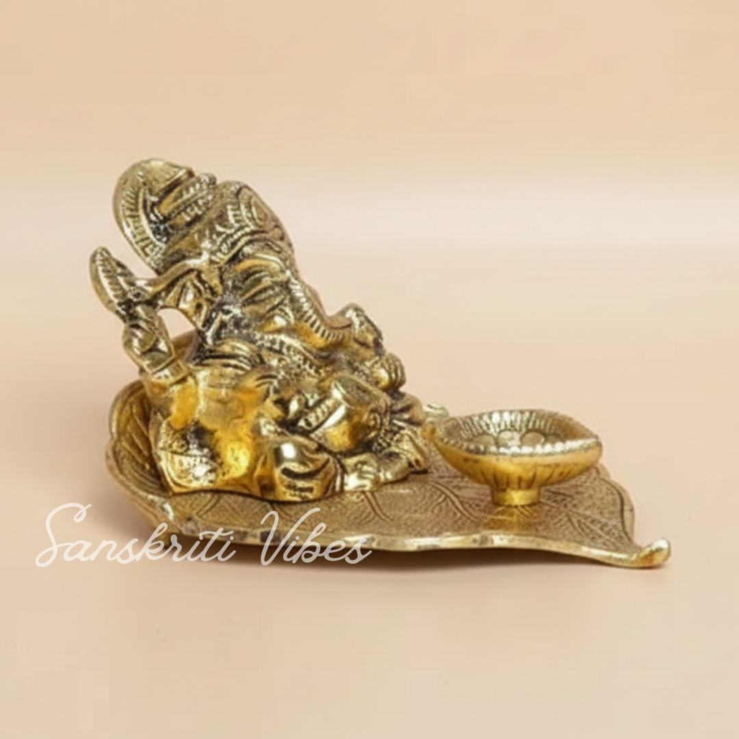 Ganesha On Leaf With Diya Metal Statue Aluminium Handcrafted Decorative Idol For Home Temple Pooja Room And Festive Gift - Retail Maharaj