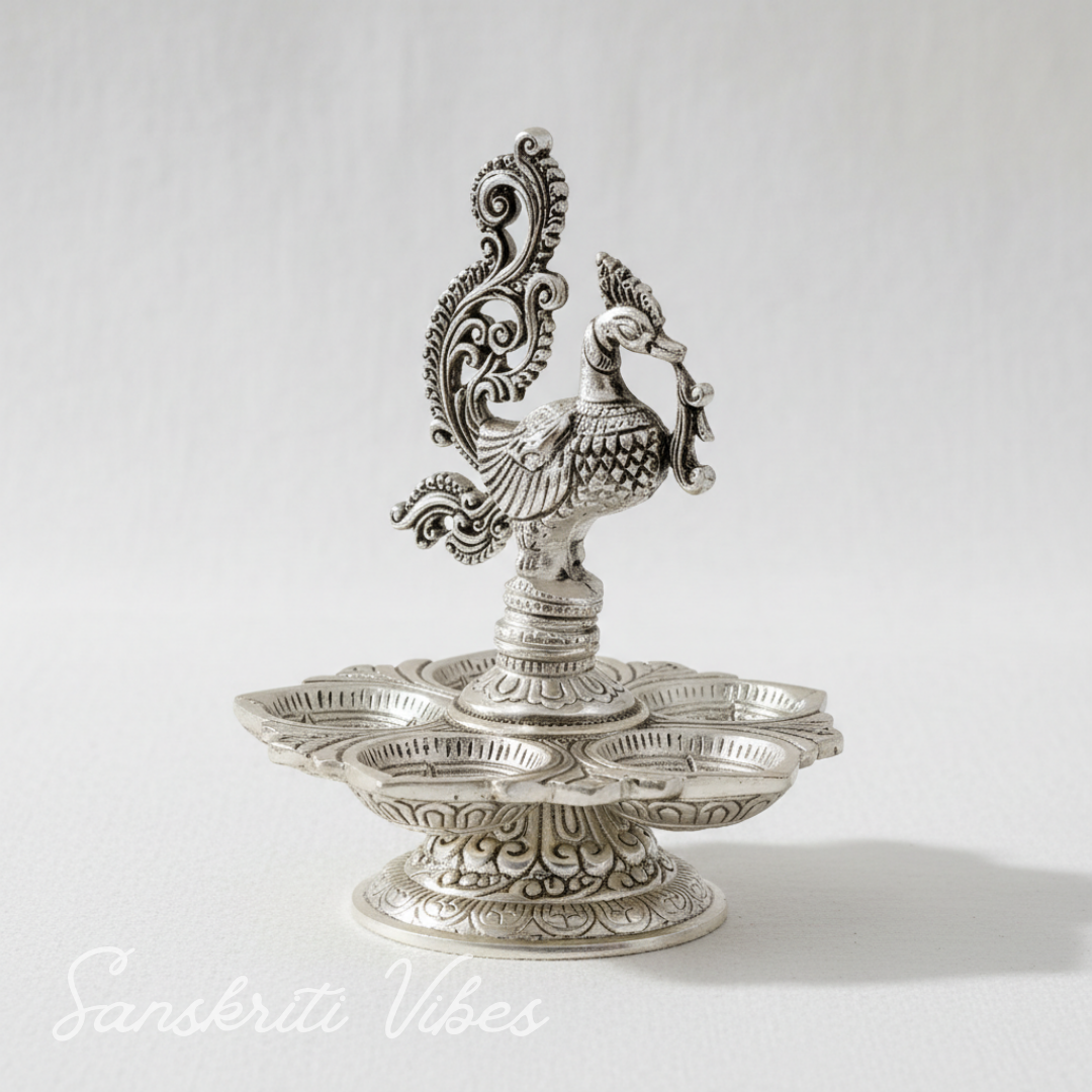 Traditional Silver-Plated Peacock Pooja Thali with 5-Compartment Diya Stand Ornate Design - Retail Maharaj