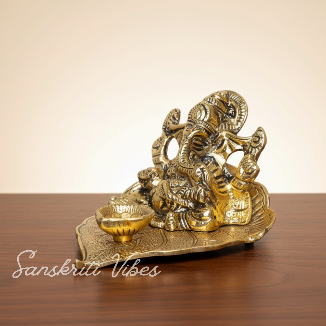 Ganesha On Leaf With Diya Metal Statue Aluminium Handcrafted Decorative Idol For Home Temple Pooja Room And Festive Gift - Retail Maharaj