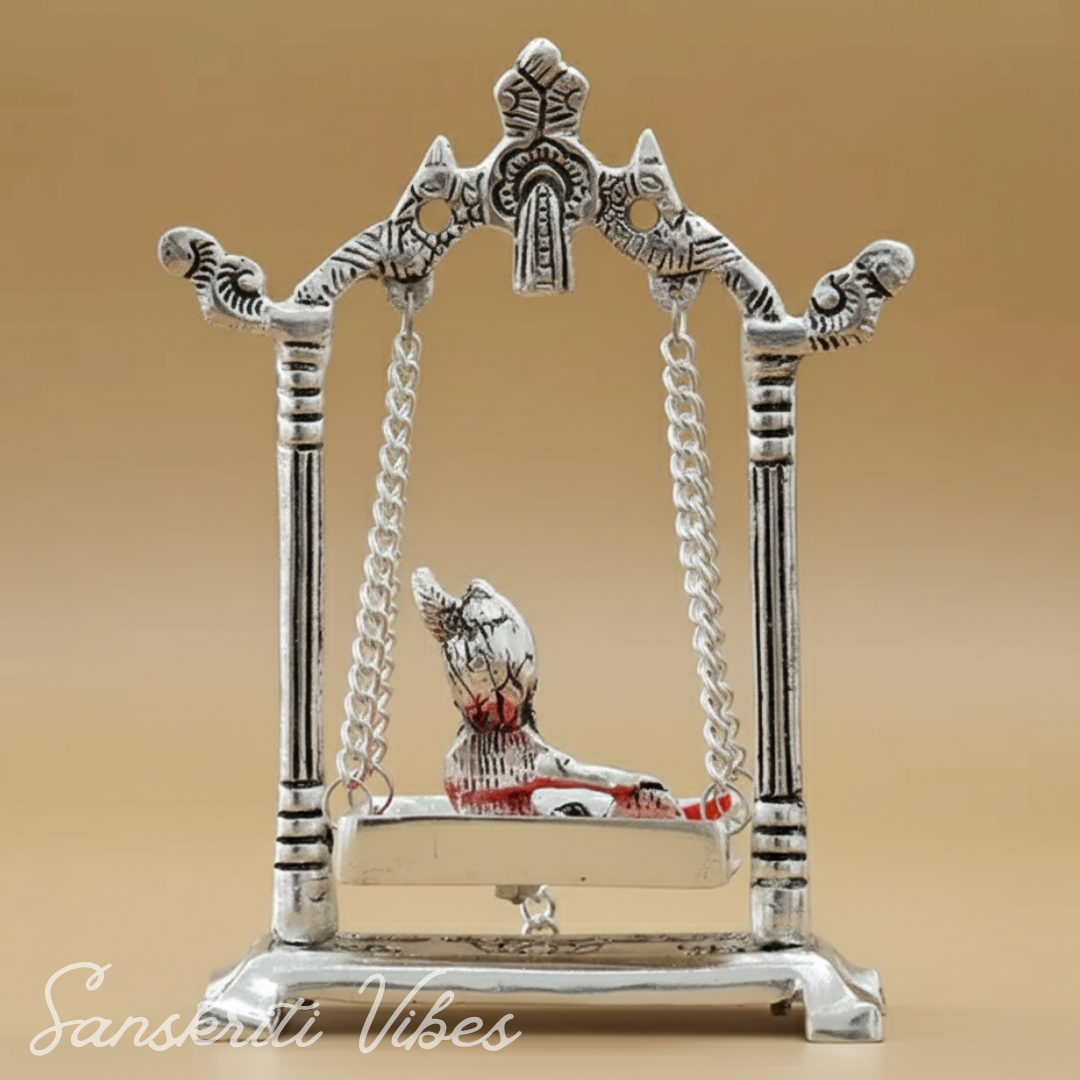 Laddu Gopal on Jhulla Palana Gold Plated Metal Statue Krishna Murti Showpiece for Home, Office Table & Car Dashboard Decor - Retail Maharaj