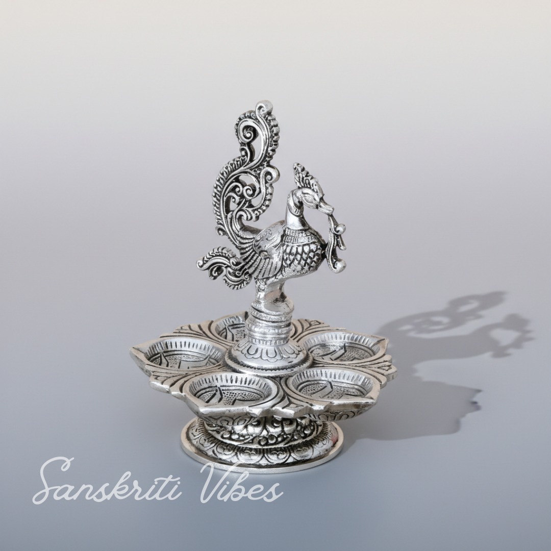 Traditional Silver-Plated Peacock Pooja Thali with 5-Compartment Diya Stand Ornate Design - Retail Maharaj