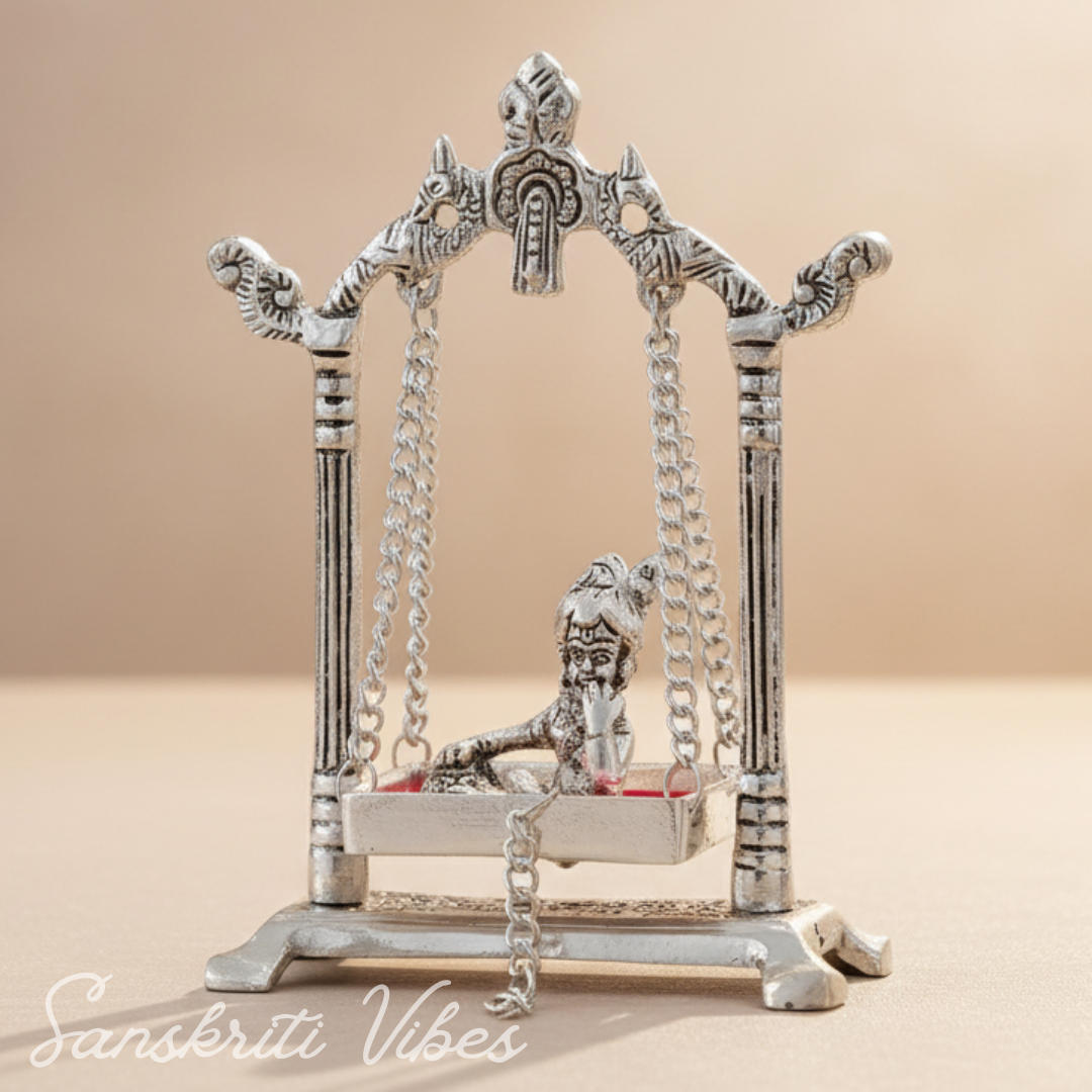 Laddu Gopal on Jhulla Palana Gold Plated Metal Statue Krishna Murti Showpiece for Home, Office Table & Car Dashboard Decor - Retail Maharaj