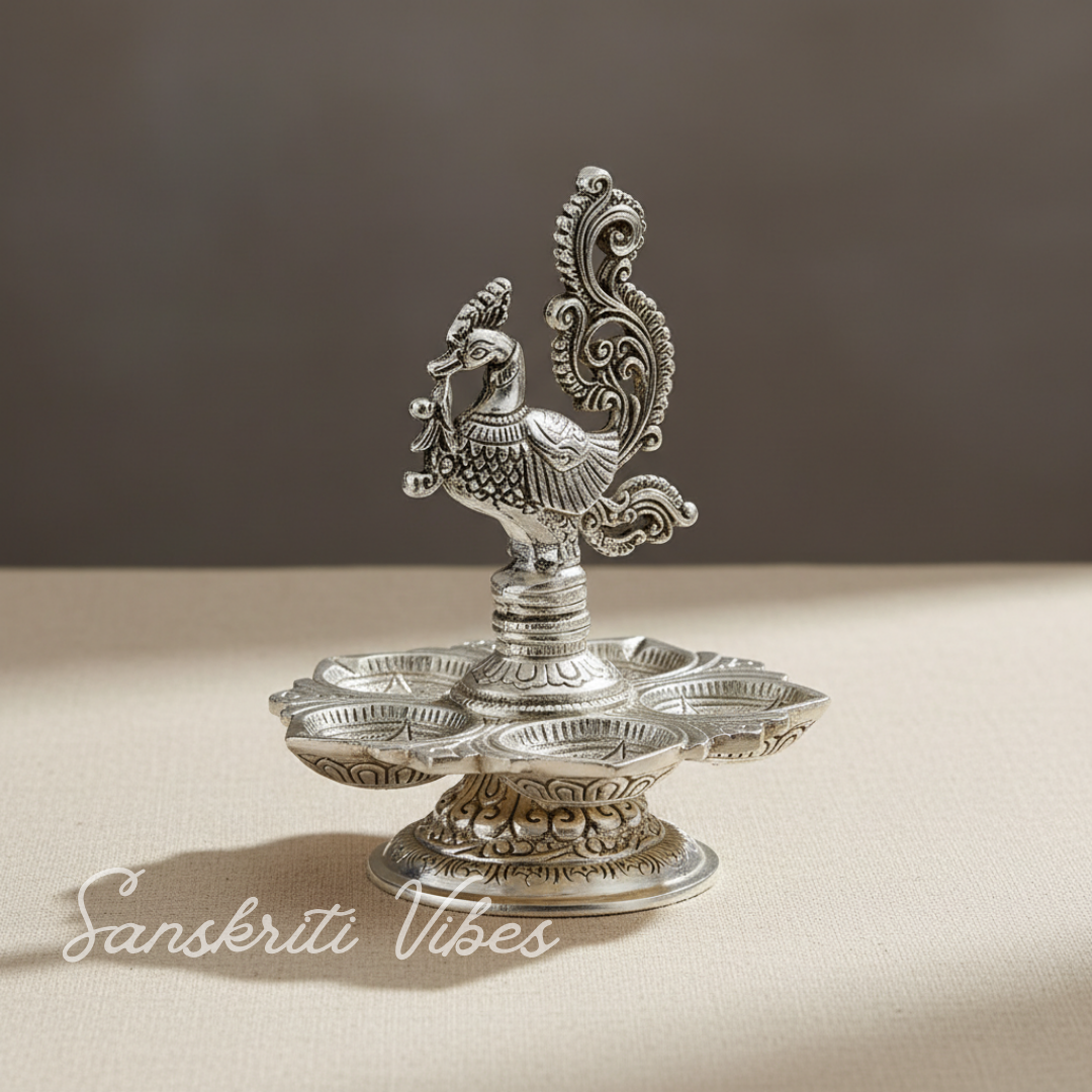 Traditional Silver-Plated Peacock Pooja Thali with 5-Compartment Diya Stand Ornate Design - Retail Maharaj