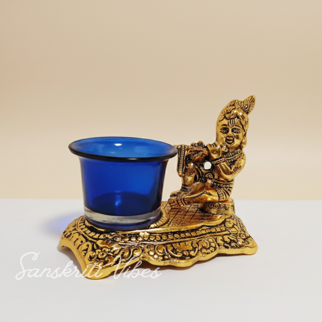 White Metal Gold Plated Krishna Matki Laddu Gopal with Candle Holder Decorative Showpiece 21 cm Brass Idol - Retail Maharaj