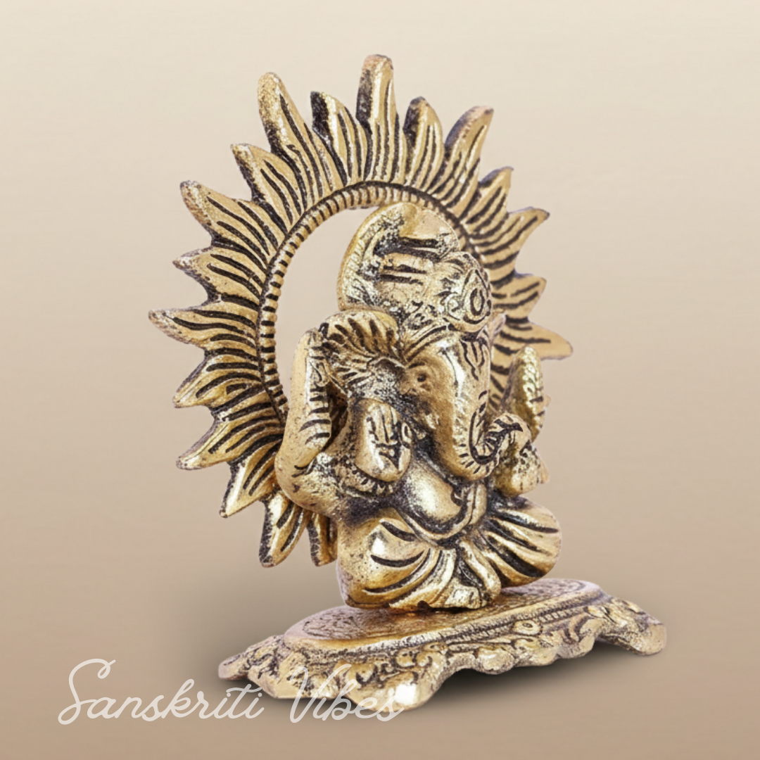 Mini Ganesh Ji With Chakar Antique Finish Metal Ganesha Statue Ganpati Murti Idol For Pooja Home And Office Decor Gold Colour Handcrafted Decorative Showpiece - Retail Maharaj