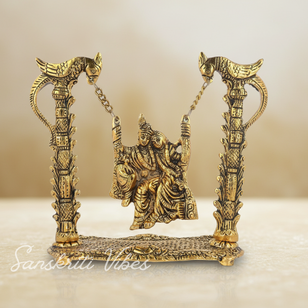 Radha Krishna on Swing Jhula Gold Plated Decorative Showpiece 19 cm Aluminium Idol for Home Decor and Gifting - Retail Maharaj