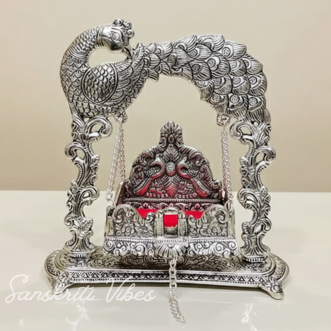 Metal Laddu Gopal Jhula – Silver-Plated Decorative Krishna Palna for Home, Temple, Office & Festive Gifting - Retail Maharaj
