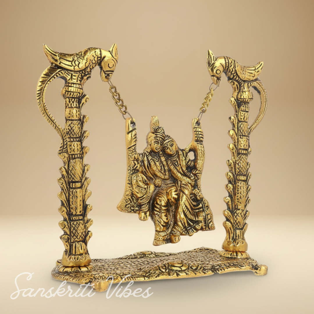 Radha Krishna on Swing Jhula Gold Plated Decorative Showpiece 19 cm Aluminium Idol for Home Decor and Gifting - Retail Maharaj