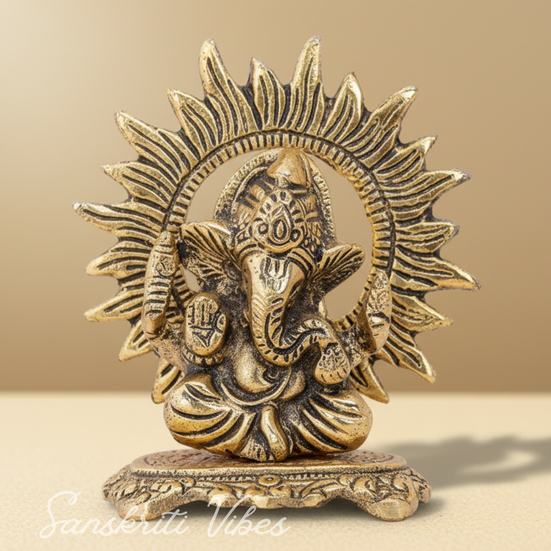 Mini Ganesh Ji With Chakar Antique Finish Metal Ganesha Statue Ganpati Murti Idol For Pooja Home And Office Decor Gold Colour Handcrafted Decorative Showpiece - Retail Maharaj