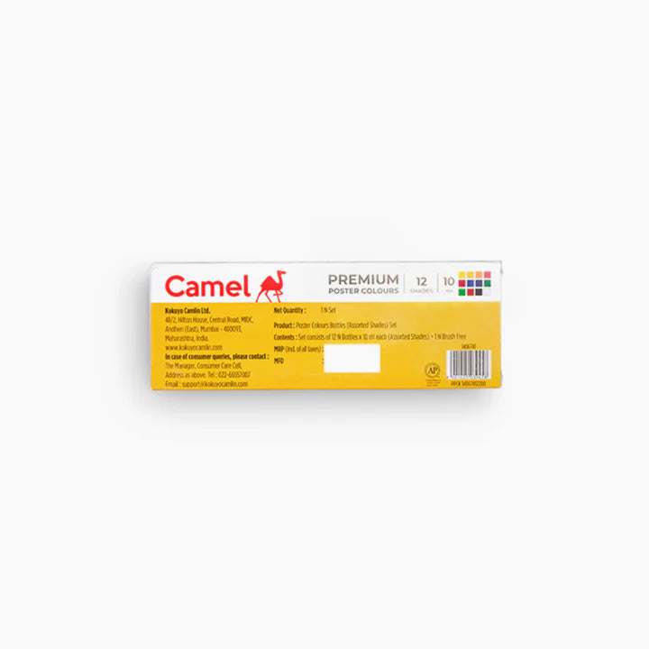 Camel Premium Poster Colours Assorted Pack of 12 Shades in 10ml (Brush Free) - Retail Maharaj