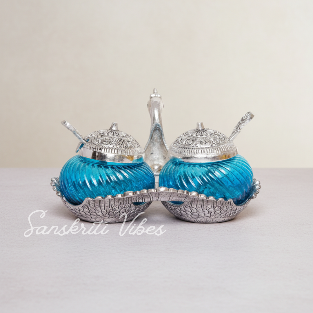 Metal Double Duck Shape Glass Bowl with Spoon Silver Finish Decorative Dry Fruit Tray for Home and Office - Retail Maharaj