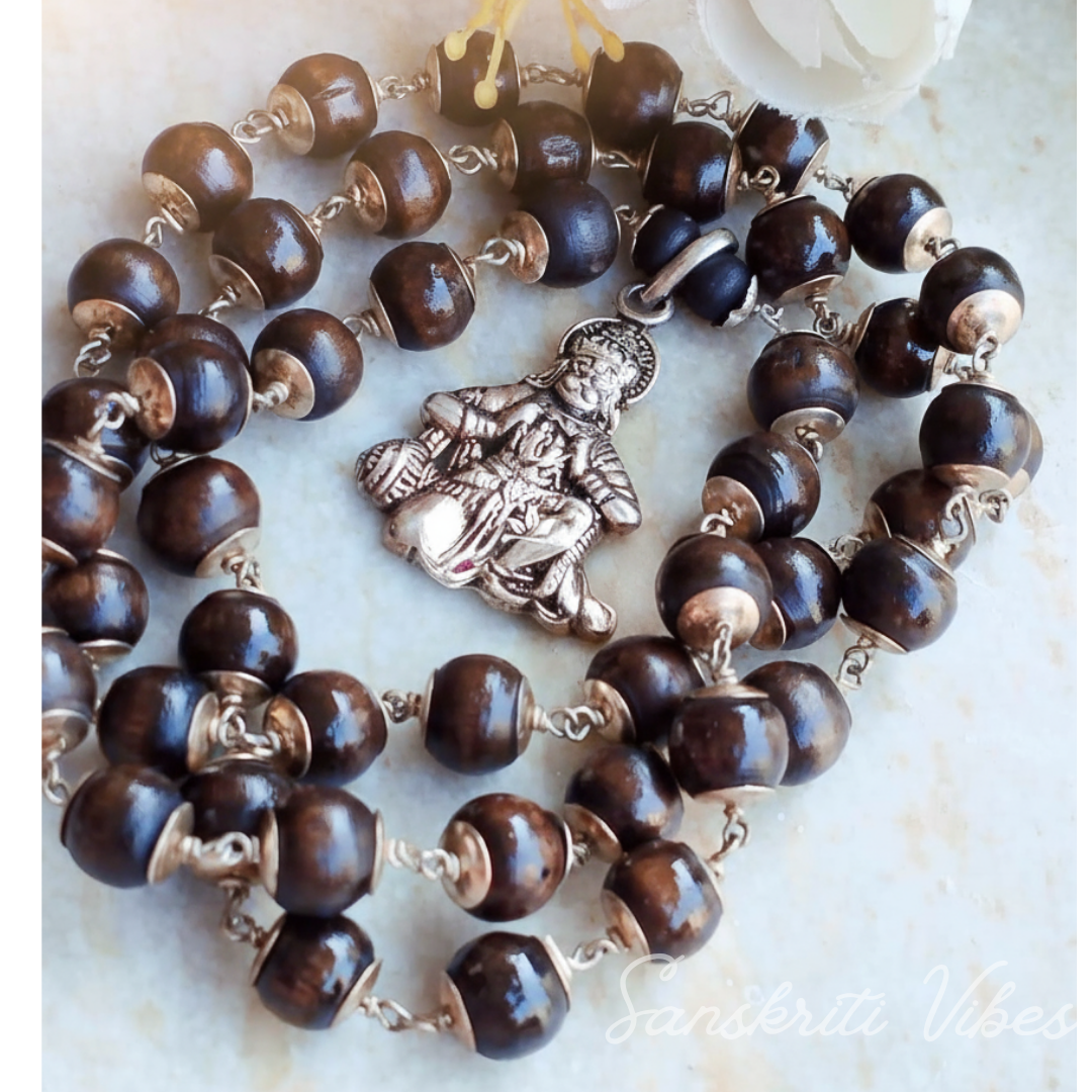 Hanuman Ji Silver Shyma Black Round Tulsi Beads Mala – 20 Inch 92.5% Pure Silver Devotional Necklace for Ram Devotees - Retail Maharaj