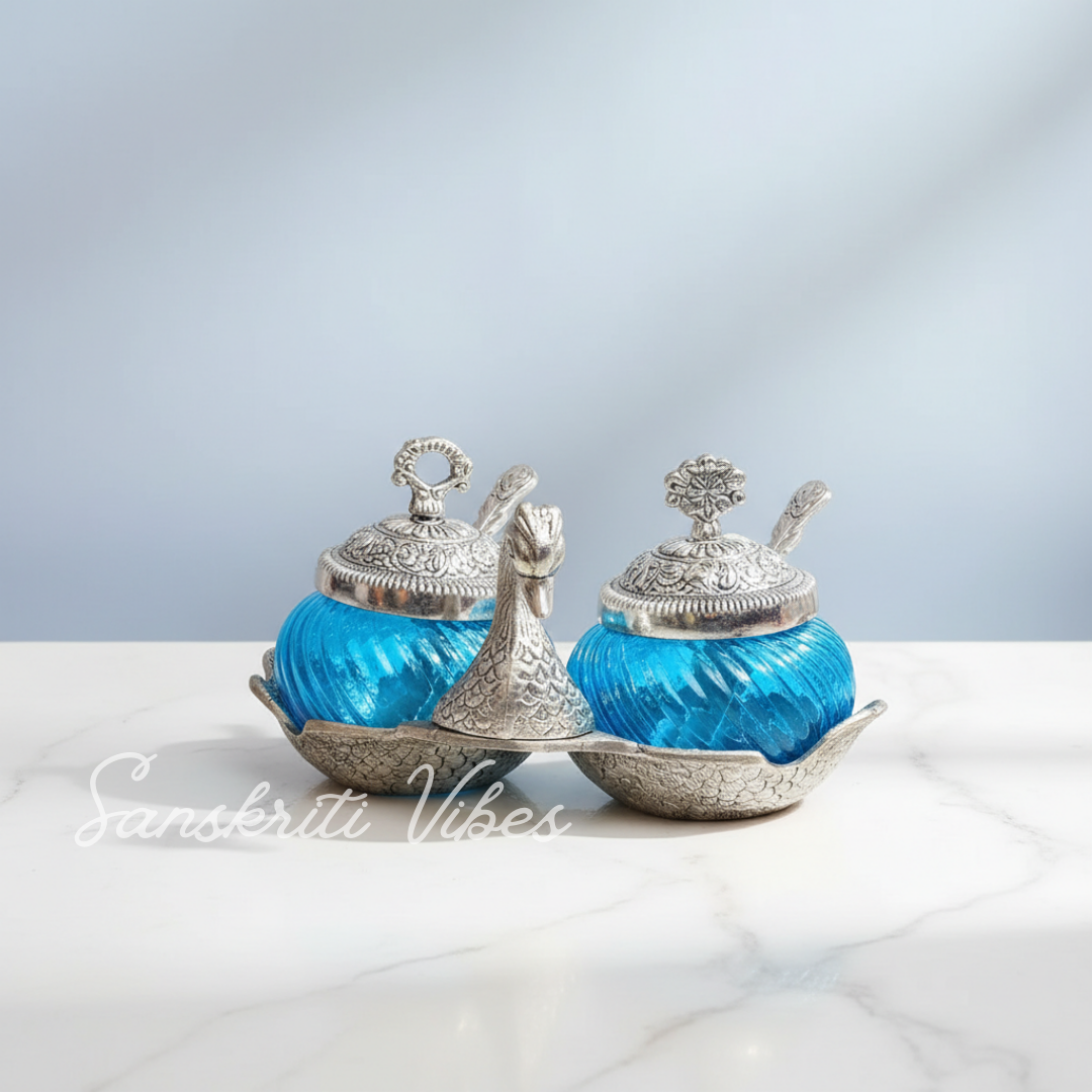 Metal Double Duck Shape Glass Bowl with Spoon Silver Finish Decorative Dry Fruit Tray for Home and Office - Retail Maharaj