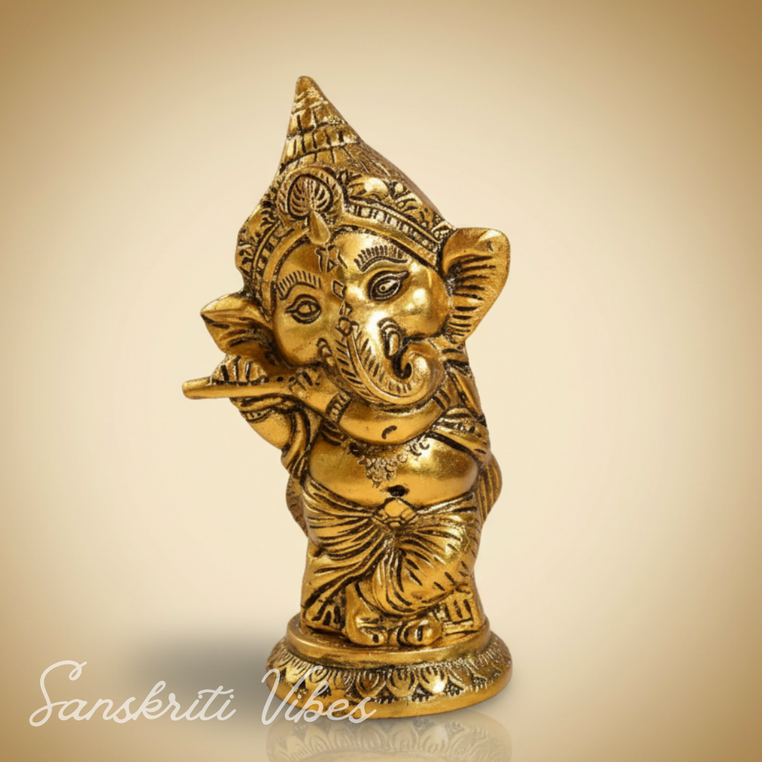 Golden Ganesha Playing Bansuri Ganesh Ji Idol For Gift Diwali Gift Set Home Decor Murti Decorative Showpiece 15 Cm Aluminium Handcrafted Ganpati Statue - Retail Maharaj