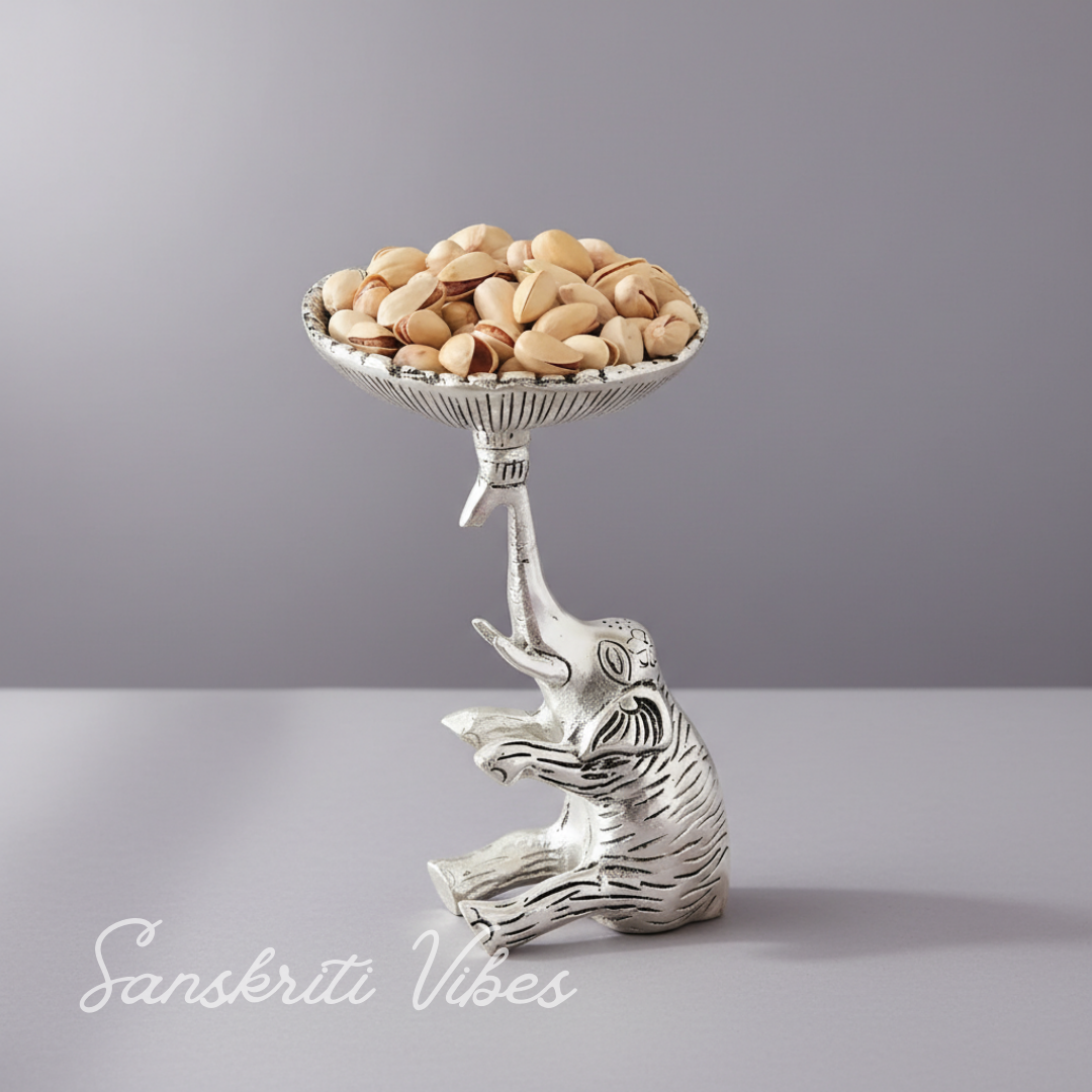Metal Elephant Dry Fruit Bowl Showpiece Silver Polish Decorative Bowl for Home and Office Table - Retail Maharaj