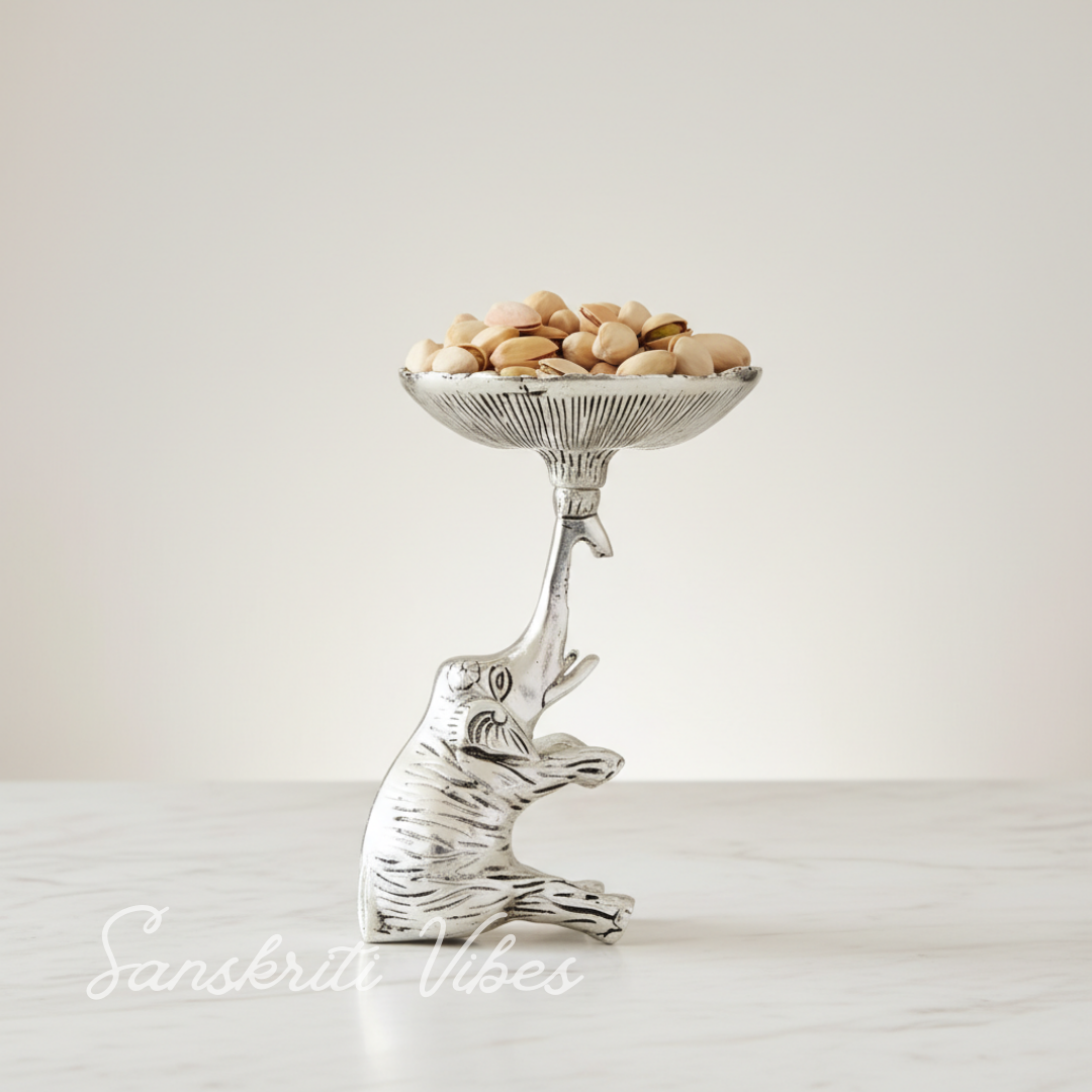 Metal Elephant Dry Fruit Bowl Showpiece Silver Polish Decorative Bowl for Home and Office Table - Retail Maharaj