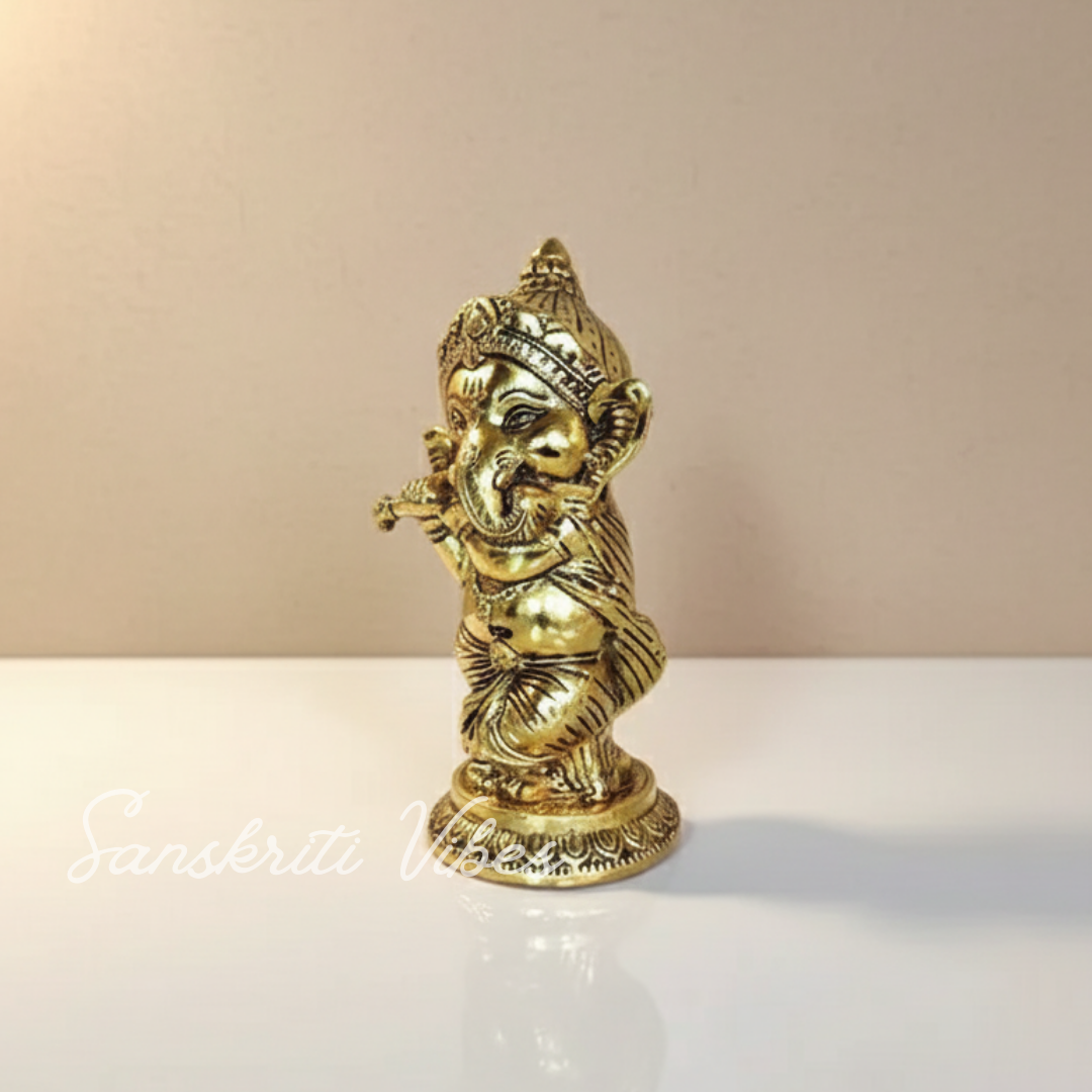 Metal Ganesha Playing Flute Murti Aluminium Ganpati Statue For Home Decor Pooja Room And Gifting - Retail Maharaj