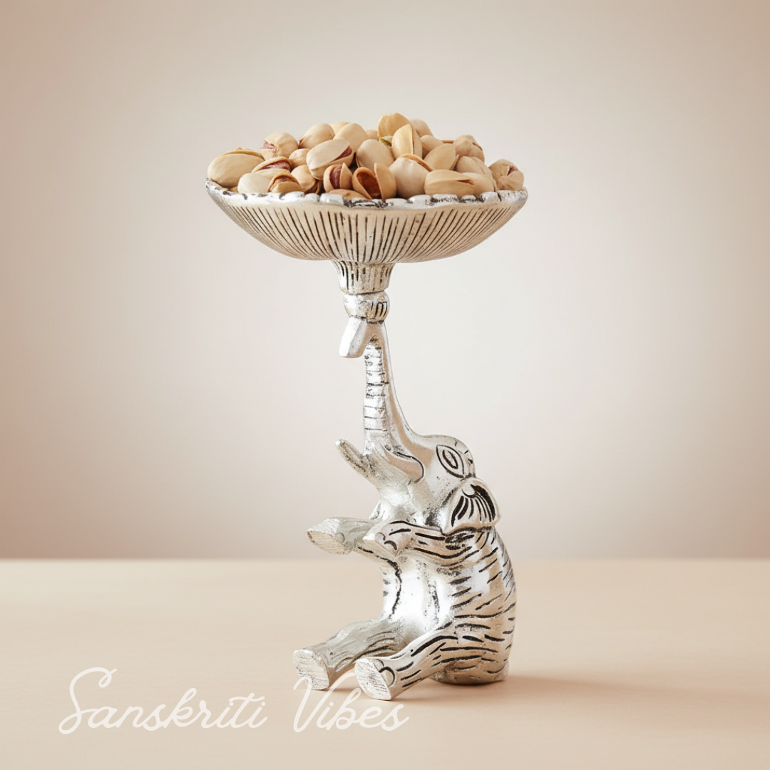 Metal Elephant Dry Fruit Bowl Showpiece Silver Polish Decorative Bowl for Home and Office Table - Retail Maharaj