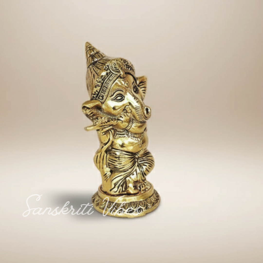Metal Ganesha Playing Flute Murti Aluminium Ganpati Statue For Home Decor Pooja Room And Gifting - Retail Maharaj