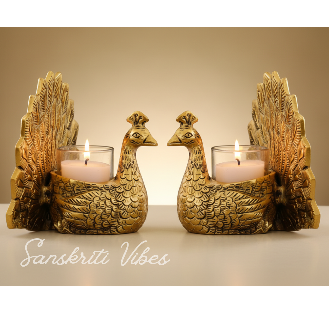 Set of 2 pcs Metal Dancing Peacock Pair Candle Holder Vastu Figurine for Home Décor, Tabletop, Living Room and Office - Retail Maharaj