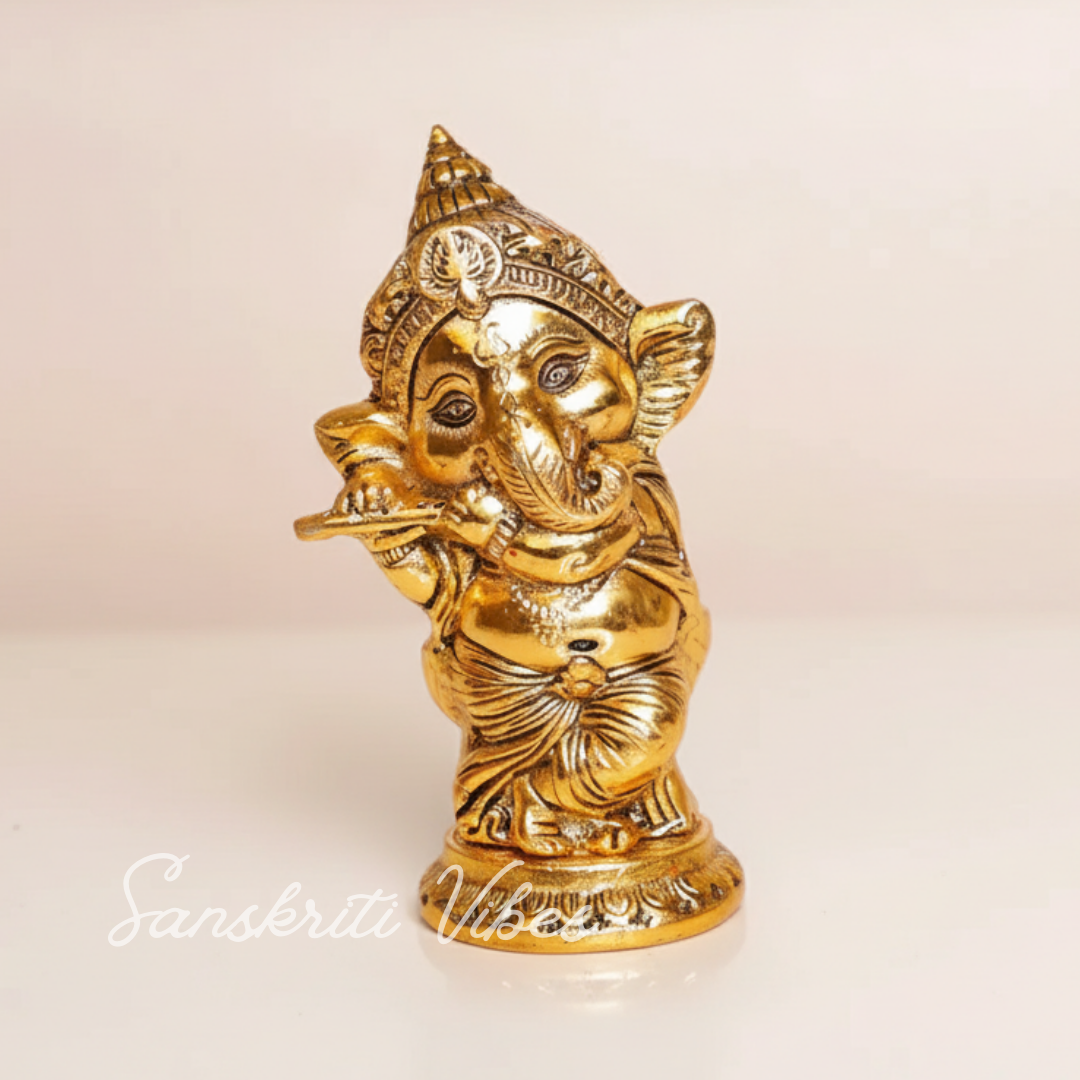 Metal Ganesha Playing Flute Murti Aluminium Ganpati Statue For Home Decor Pooja Room And Gifting - Retail Maharaj