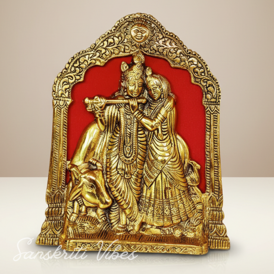 Golden Finish Radha Krishna Idol with Cow – Aluminium Showpiece for Table & Wall Hanging Decorative Home Décor - Retail Maharaj