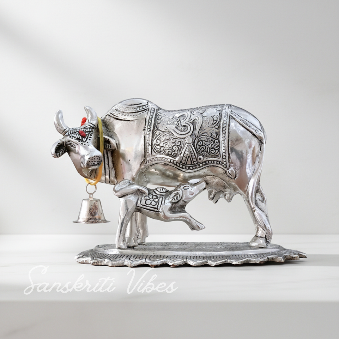 Metal Om Kamdhenu Cow and Calf Statue Decorative Showpiece for Good Luck, Vastu and Feng Shui - Retail Maharaj