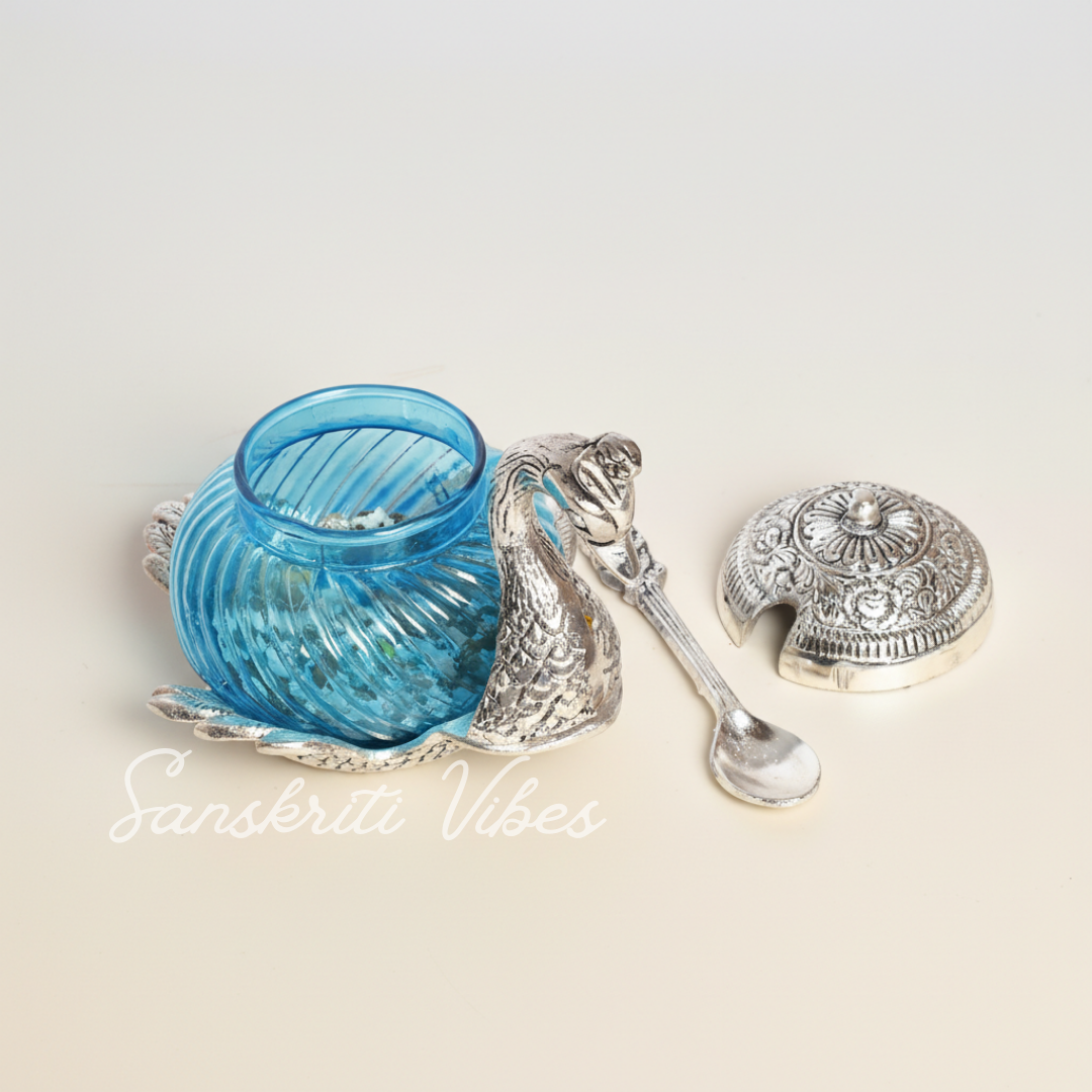 Metal Duck Shape Glass Bowl with Spoon Silver Finish Decorative Dry Fruit Bowl for Home and Office - Retail Maharaj