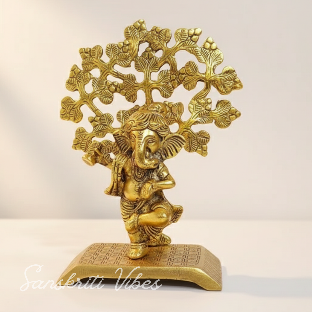 Metal Ganesha Statue Playing Damru Standing Under Tree Aluminium Ganpati Murti For Home Decor Pooja Room And Gift Purpose - Retail Maharaj