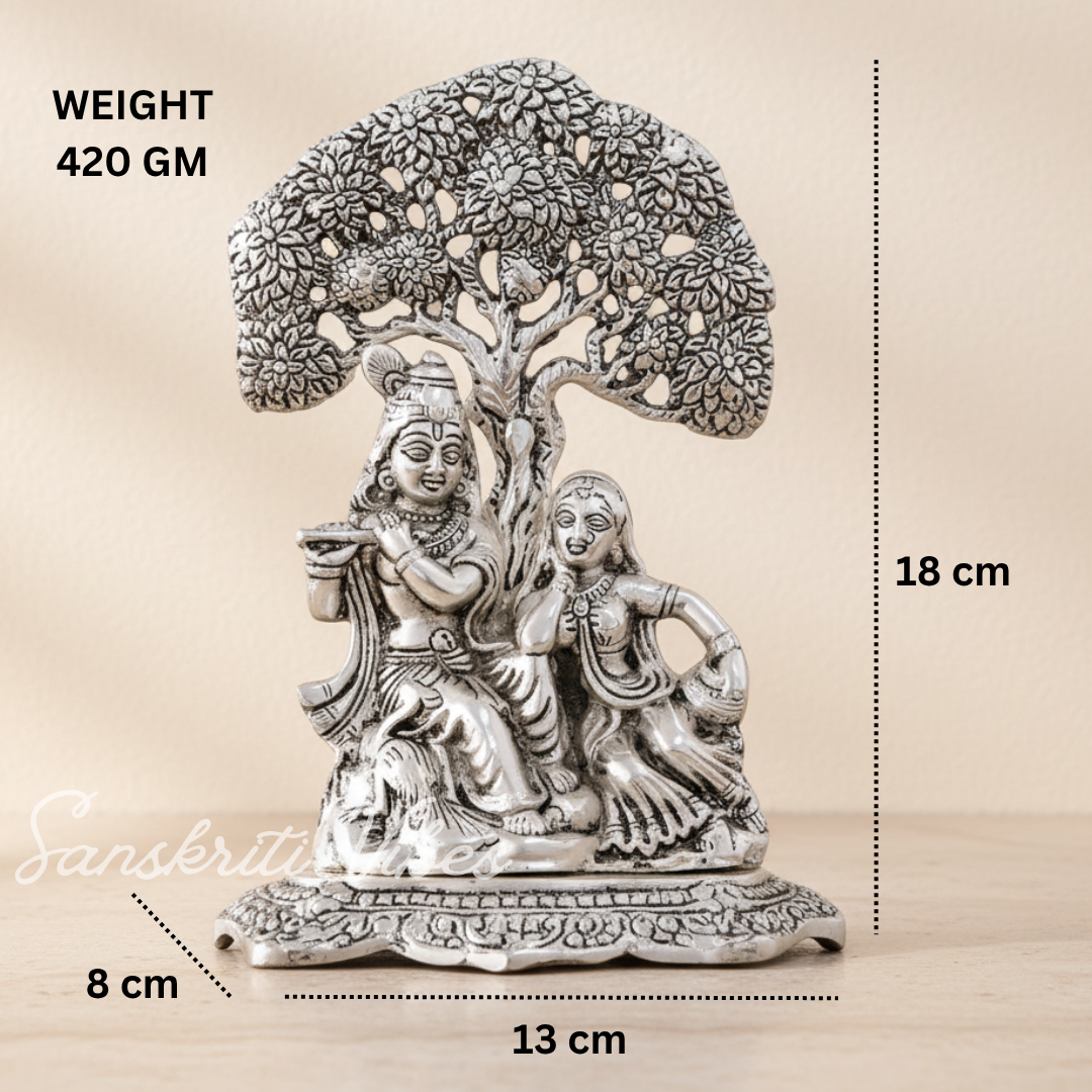 Metal Radha Krishna Idol Under Tree | Silver Decorative Showpiece Statue for Puja Room, Home & Office Desk – 18 cm Spiritual Gift - Retail Maharaj