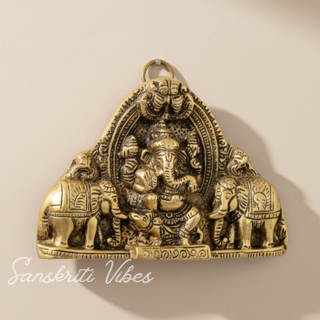 Ganesh Wall Hanging With Elephants For Door Entrance Decorative Showpiece 12 Cm Aluminium Gold Finish Ganpati Wall Decor For Home And Office - Retail Maharaj