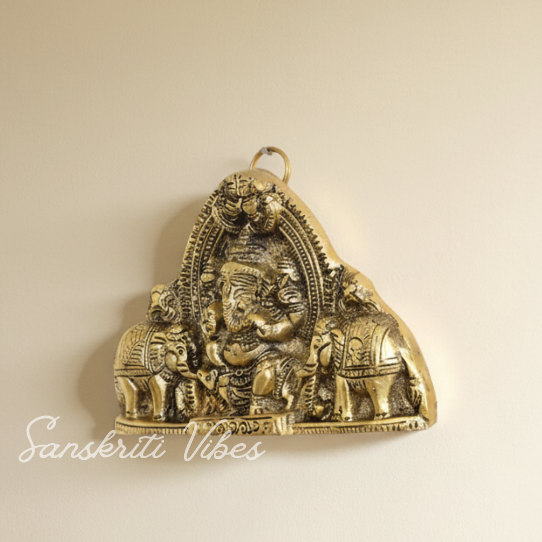 Ganesh Wall Hanging With Elephants For Door Entrance Decorative Showpiece 12 Cm Aluminium Gold Finish Ganpati Wall Decor For Home And Office - Retail Maharaj