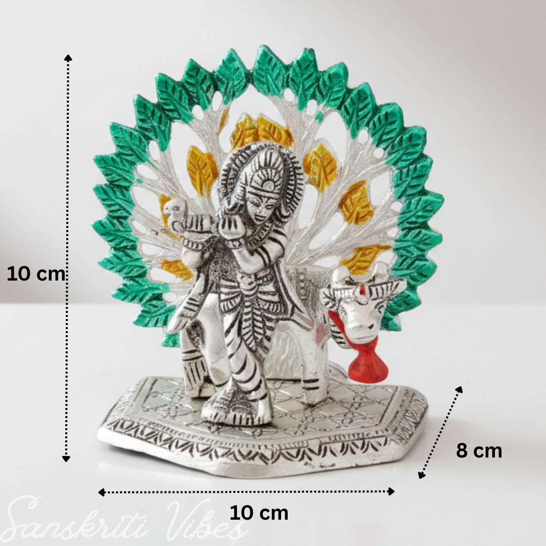 Silver-Plated Metal Kalpavriksha Tree with Cow & Krishna Idol | Home Decorative Religious Showpiece for Puja Room & Gifting - Retail Maharaj
