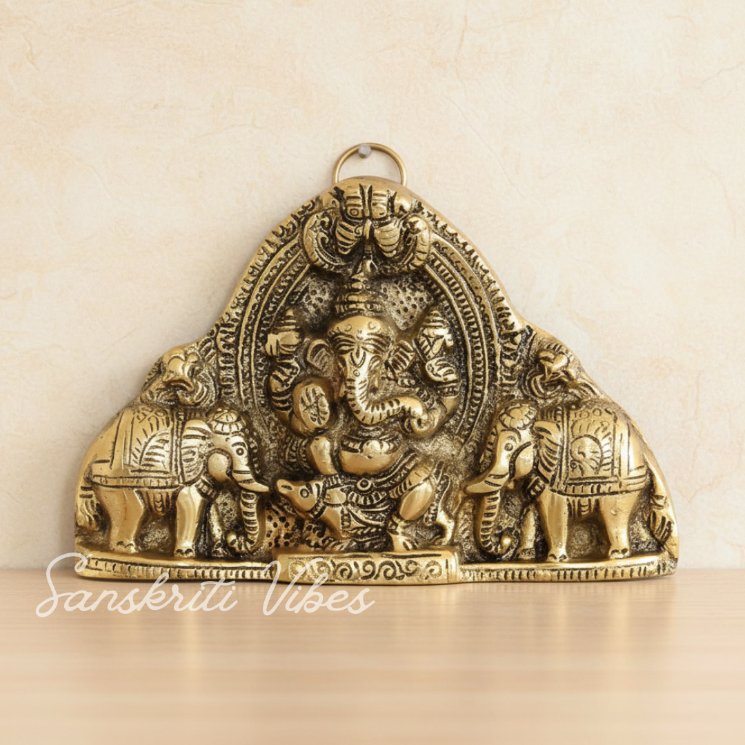 Ganesh Wall Hanging With Elephants For Door Entrance Decorative Showpiece 12 Cm Aluminium Gold Finish Ganpati Wall Decor For Home And Office - Retail Maharaj