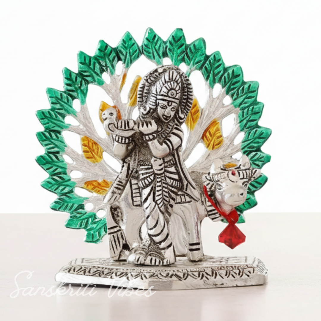 Silver-Plated Metal Kalpavriksha Tree with Cow & Krishna Idol | Home Decorative Religious Showpiece for Puja Room & Gifting - Retail Maharaj