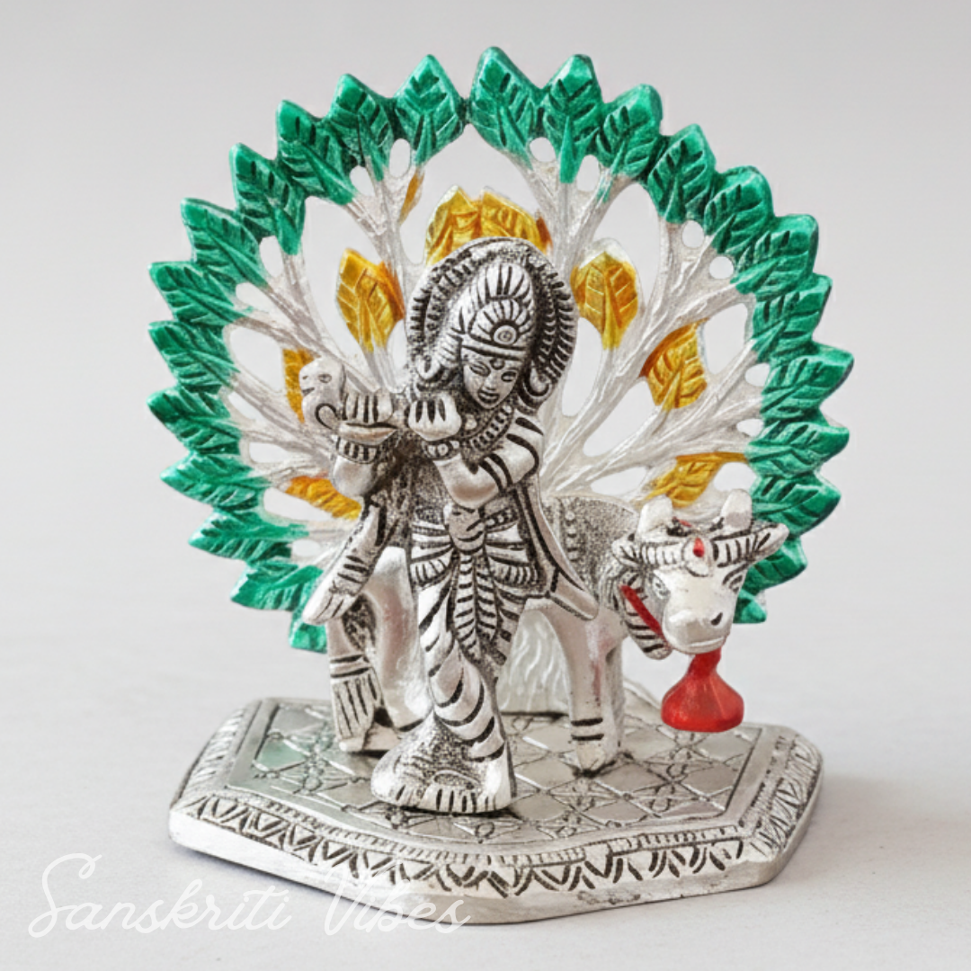 Silver-Plated Metal Kalpavriksha Tree with Cow & Krishna Idol | Home Decorative Religious Showpiece for Puja Room & Gifting - Retail Maharaj