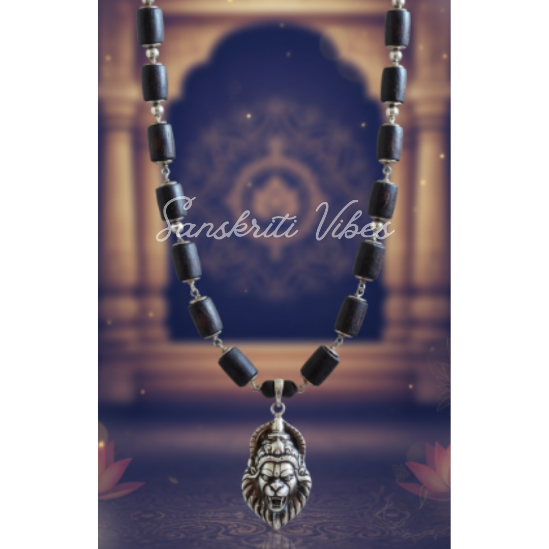 Narsimha Locket with Silver Capped Black Tulsi Beads Mala | Super Power & Classic Spiritual Necklace - Retail Maharaj